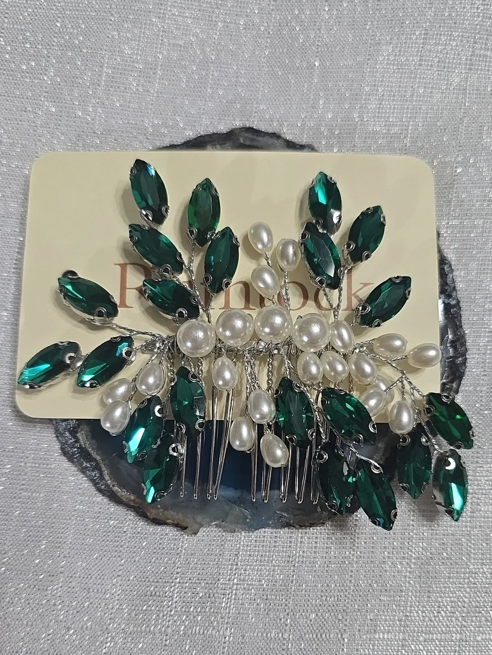 Emerald Green Crystal & Faux Pearl Hair Comb